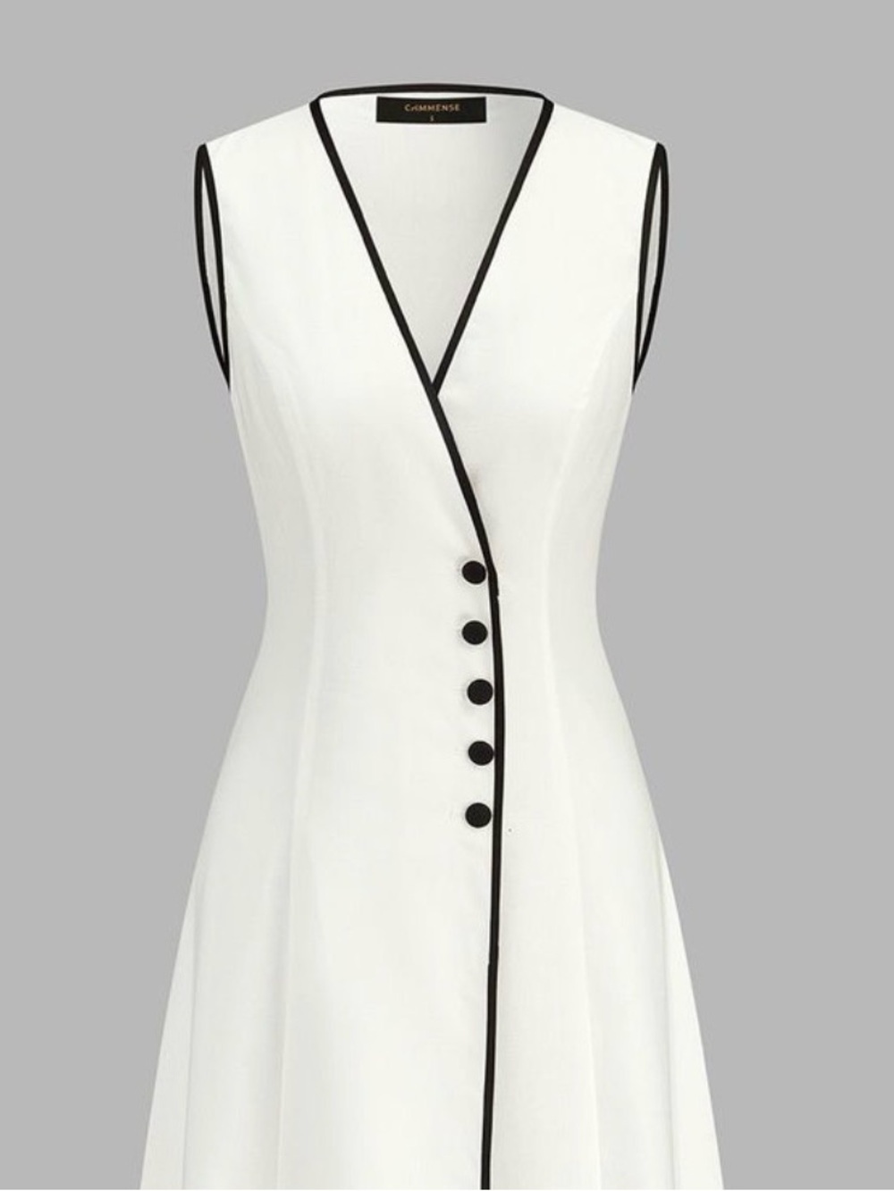 Commense White Sleeveless V-Neck Dress with Black Piping